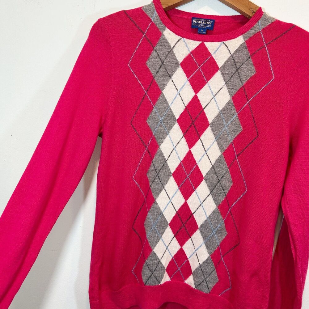 PENDLETON Pink Argyle Merino Wool Sweater Size M Preppy Old Money Academia